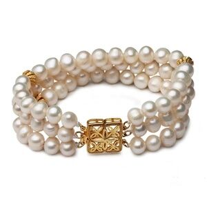 Freshwater Pearl & Goldtone Three-Row Clover Bracelet